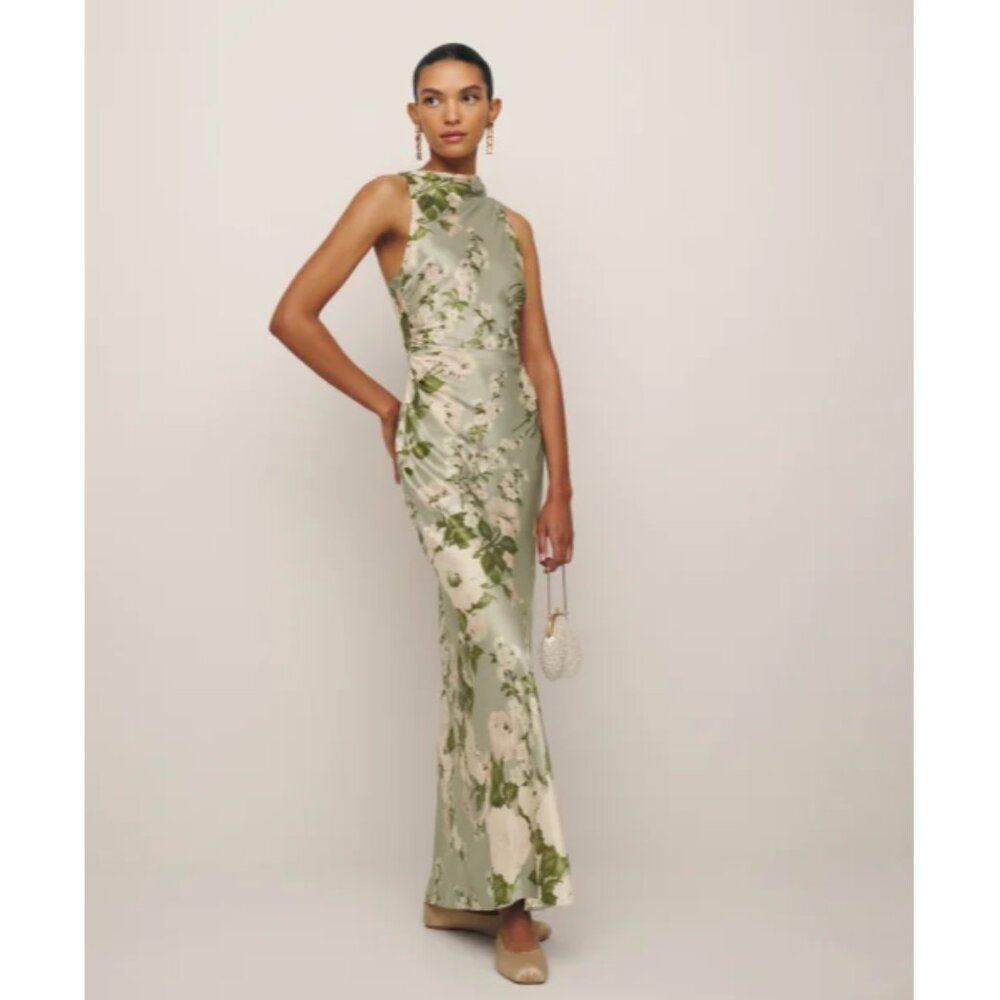 Reformation Floral High-Neck Sage Maxi Dress Anaiis